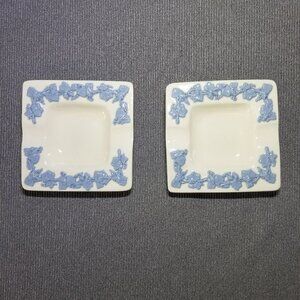 Set of Vtg Square Wedgwood Embossed Queensware ashtray trinket trays Cream Blue